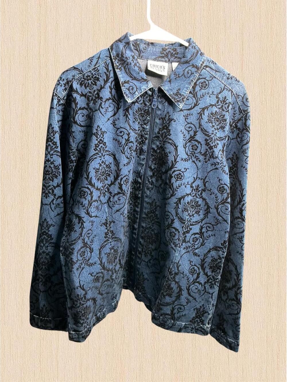 Chico’s Stylish Blue Black Floral Zip Front Jacket Size 2